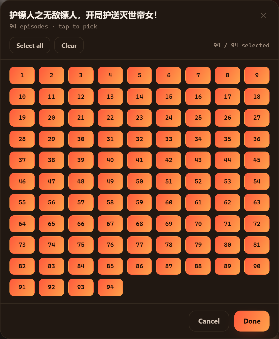 Episode picker with a grid of episode numbers, Select all and Done