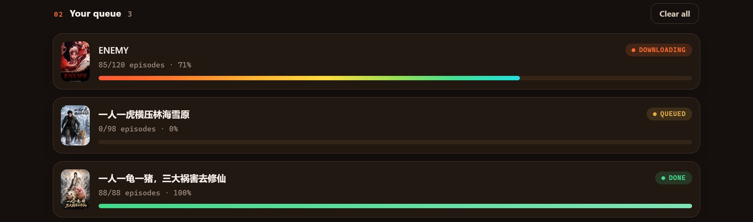 Hongguo Downloader download queue showing a full series batching as one entry, with live progress bars per episode (dark theme)