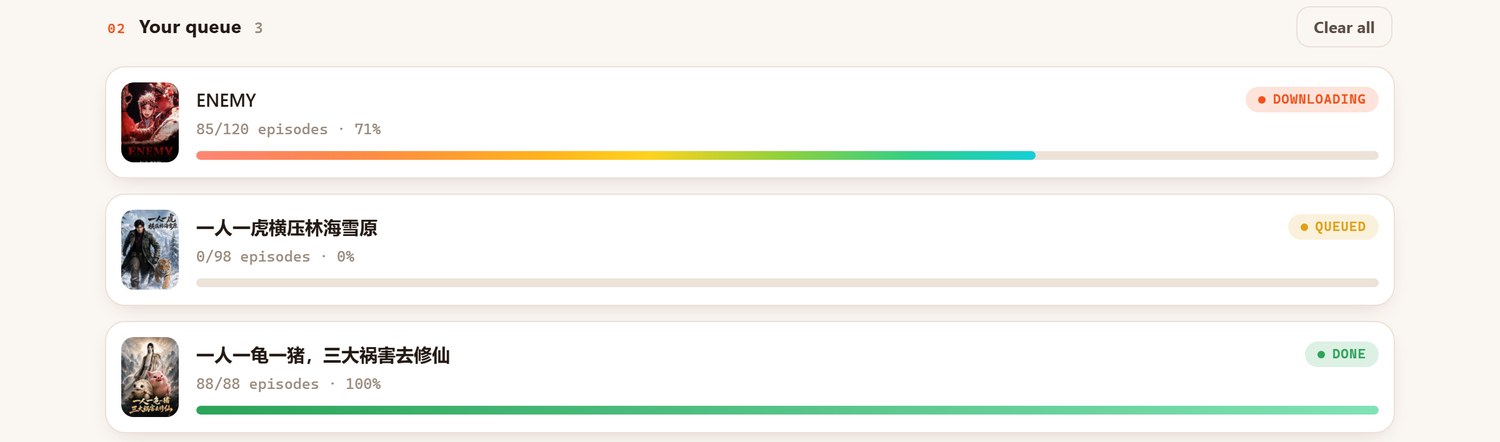 Hongguo Downloader download queue showing a full series batching as one entry, with live progress bars per episode (light theme)