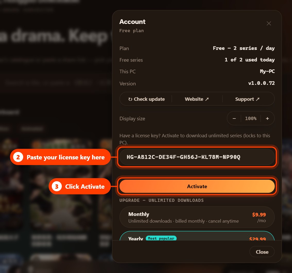 The Account window with the license key box and the Activate button highlighted (dark theme)