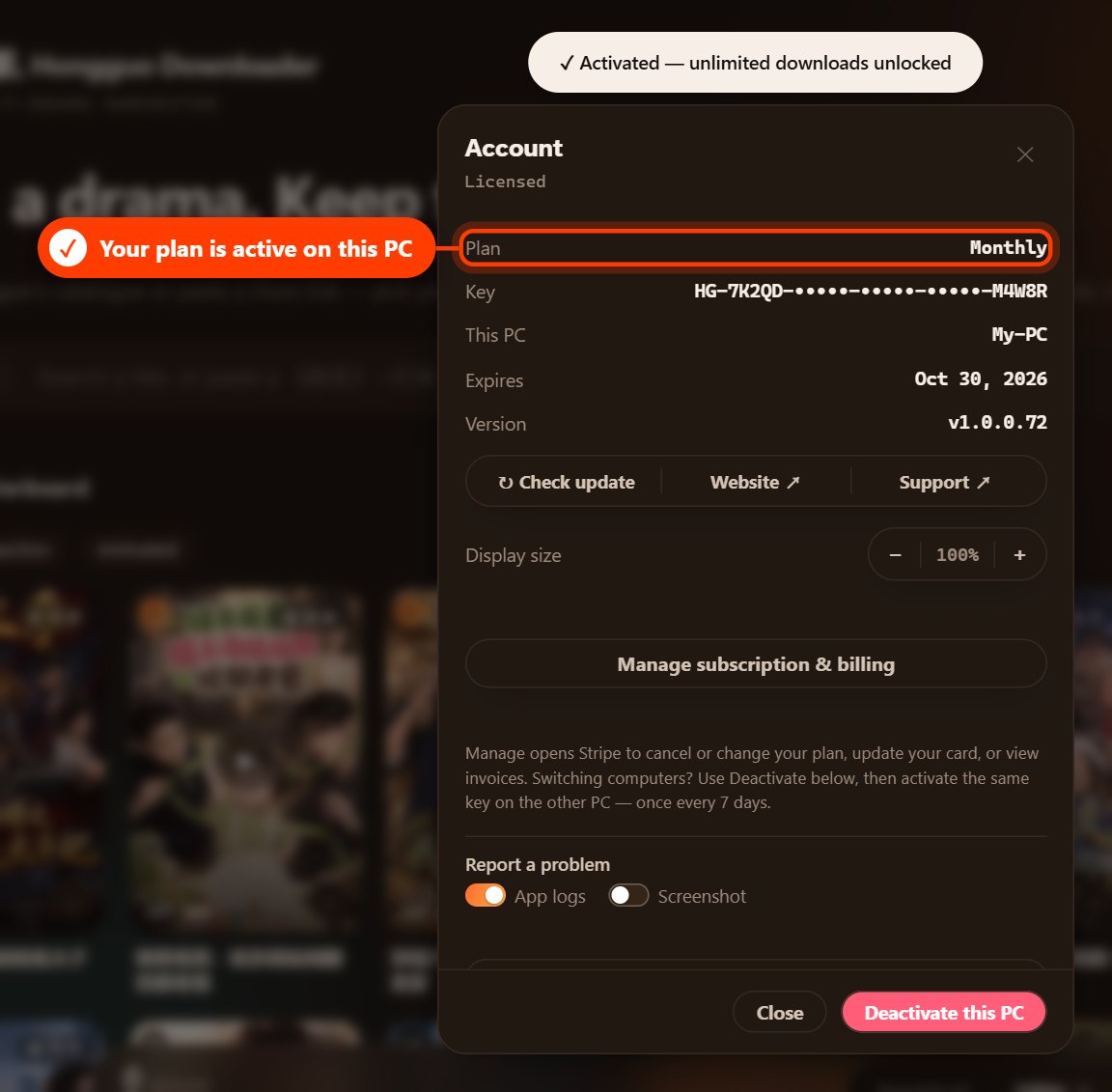 The Account window after activation, showing the plan, key and expiry date (dark theme)