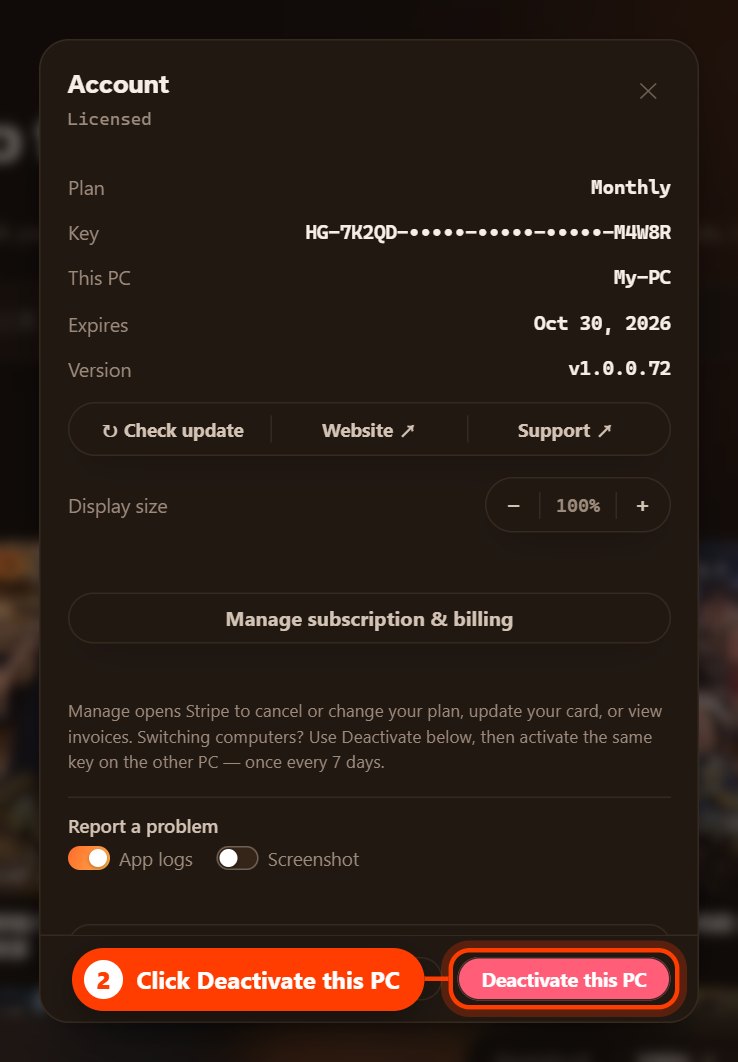 The Account window with the Deactivate this PC button highlighted (dark theme)