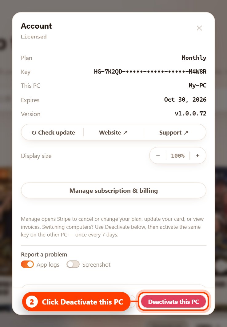 The Account window with the Deactivate this PC button highlighted (light theme)