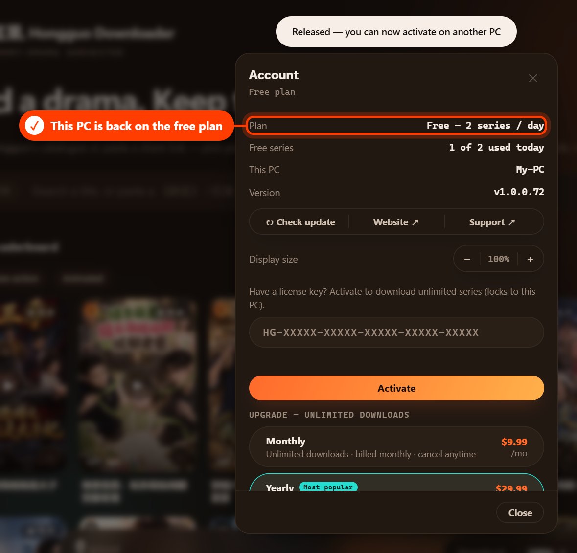 The Account window back on the free plan after the license was released (dark theme)