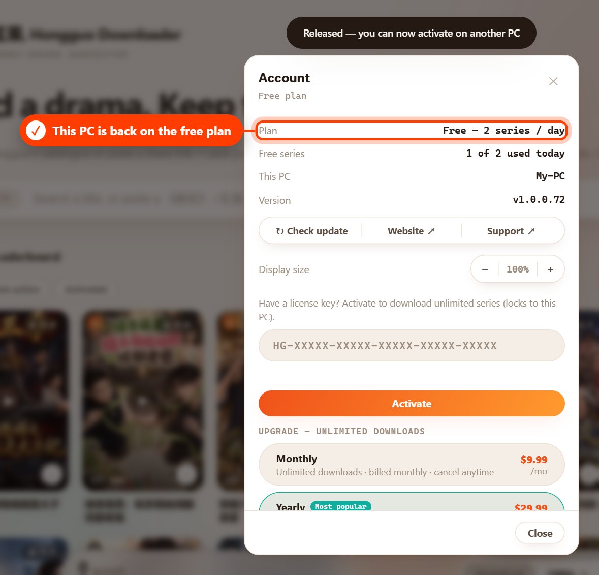 The Account window back on the free plan after the license was released (light theme)
