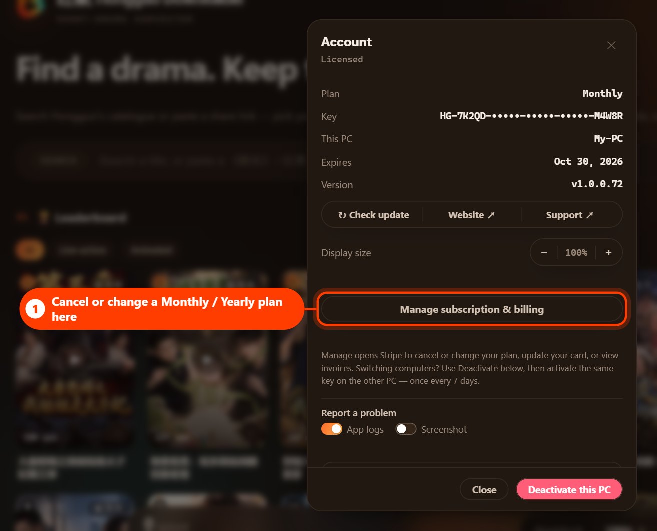 The Account window with the Manage subscription and billing button highlighted (dark theme)