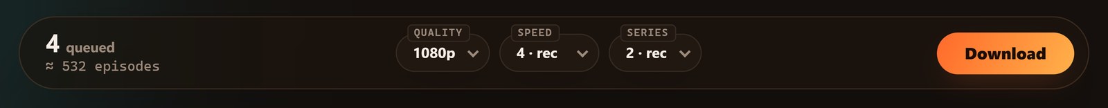 Hongguo Downloader floating download dock &mdash; 4 series queued, about 417 episodes, Quality 1080p, Speed and Series controls, and a Download button (dark theme)