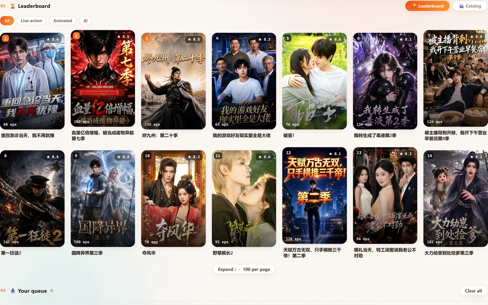 Hongguo Downloader v1.0.0.48 — the live 红果 leaderboard ranking short-dramas by category (All / Live-action / Animated / AI) with a download dock (light theme)