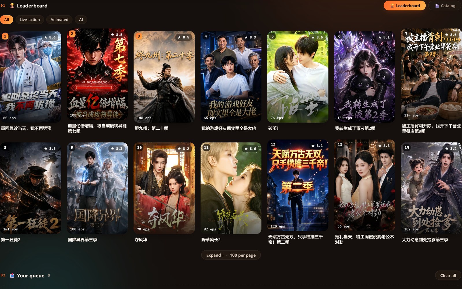 Hongguo Downloader v1.0.0.48 — the live 红果 leaderboard ranking short-dramas by category with a download dock (dark theme)