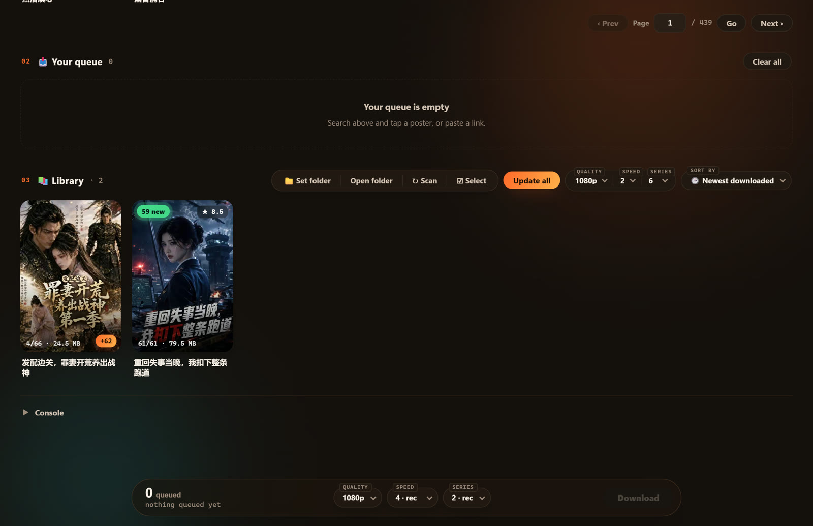 Hongguo Downloader v1.0.0.67 Library &mdash; downloaded short-dramas with Update all, new-episode badges, ratings and Play/Merge/Convert tools, updating reliably without freezing (light theme)